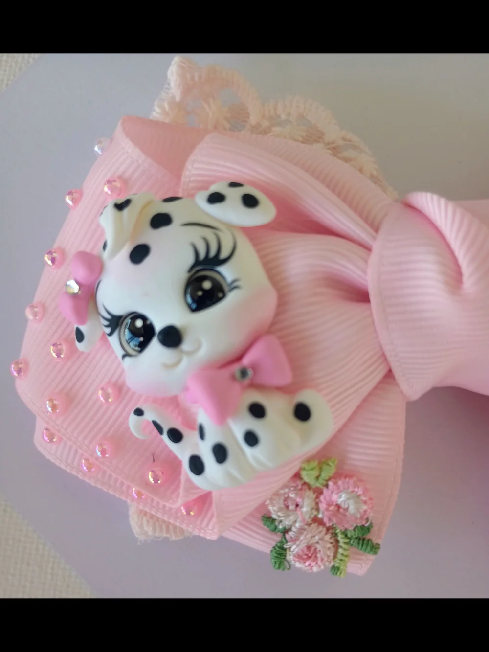 Handmade Pink Embroidered Bow Hair Clip with Dalmatian Charm - Kids 🎀✨